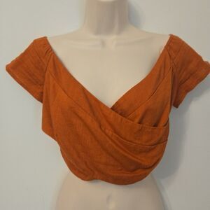 Windsor Wrap Front Linen Blend Crop Top S Off Shoulder Smocked Boho Burnt Orange